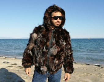 L / Men hooded fur coat arzante fox