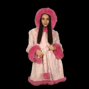 L / Pink hooded mink coat with belt