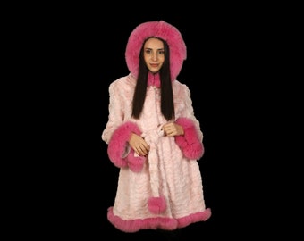 Pink hooded mink coat with belt