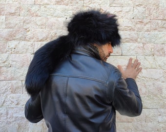Black fox fur hat with head and tail