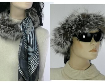 Silver fox scarf or headband with fabric scarf