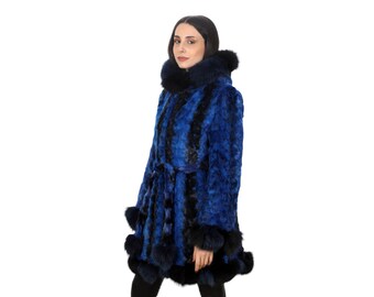 M / Blue hooded mink coat with belt