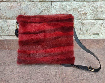 Luxury red mink shoulder bag