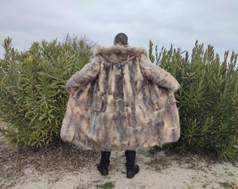 L-XL / Opossum fur hooded coat for men