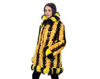 L / Yellow black hooded mink coat