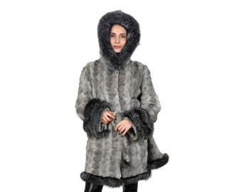 L / Gray hooded mink coat with belt