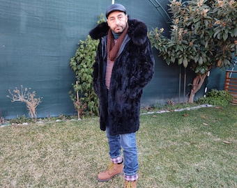 L / Black sheared nutria with hood for men