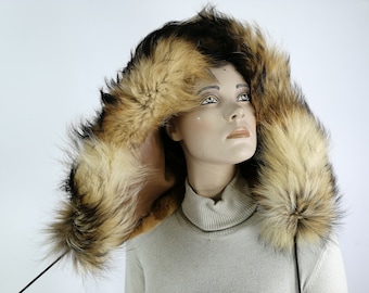 Unisex fur and leather hood camel color