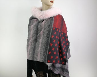 Pink gray shawl with pink fox trim