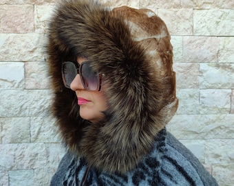 Brown white rex rabbit hood