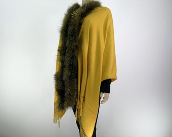 Yellow shawl with fox trim