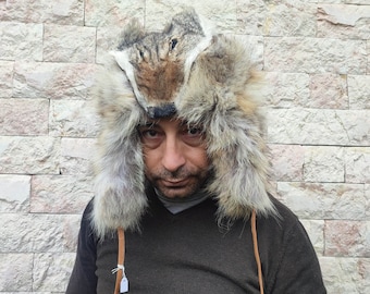 Coyote fur trapper hat with tail and face/ WILD EDITION