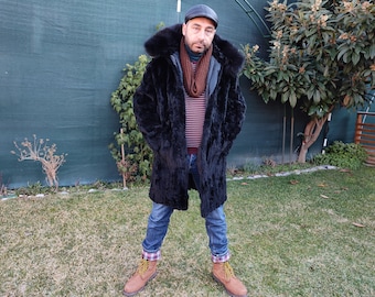 L / Black sheared nutria with hood for men
