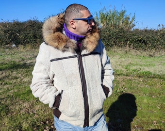 M / L / XL / XXL / Beige hooded shearling sheepskin men jacket