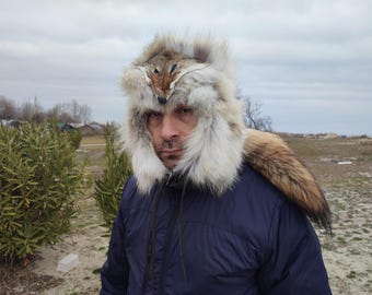 Coyote fur trapper hat with tail and face/ WILD EDITION