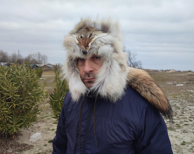 Featured listing image: Coyote fur trapper hat with tail and face/ WILD EDITION