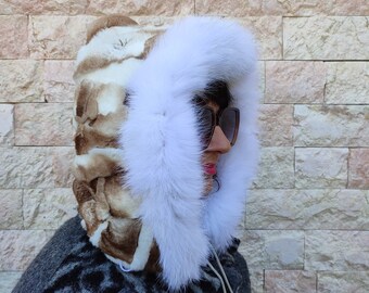 Brown white rex rabbit hood