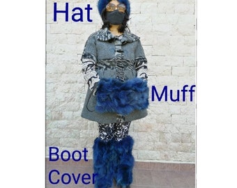 Fox leg warmers, hat, muff double side fur