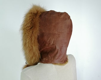 Unisex double face leather fur hood brown