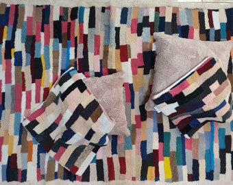 Set of rainbow sheepskin throw / carpet and pillow cases