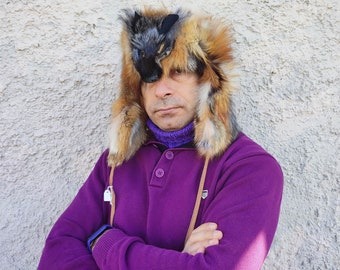 Fox fur trapper hat with tail and face/ WILD EDITION