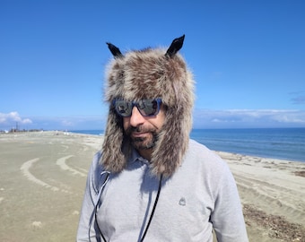Raccoon fur trapper hat with ears and tail