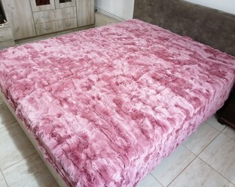 Luxury pink bed cover of rex rabbit fur