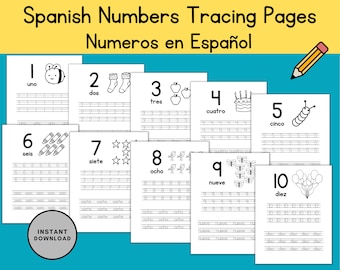 Páginas para traçar números em espanhol, para educação infantil em casa (imprimível, download instantâneo)