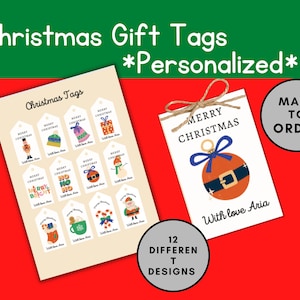 Könnte beinhalten: Weihnachtsgeschenkanhänger mit verschiedenen festlichen Designs. Die Anhänger zeigen Illustrationen von Ornamenten, Geschenken und Weihnachtsfiguren. Der Text "Merry Christmas" und "With love Aria" sind enthalten. Der Text "Personalisiert", "Auf Bestellung" und "12 verschiedene Designs" ist ebenfalls vorhanden.