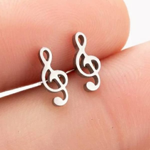 Stainless steel cute silver treble clef music stud earrings. Music earrings. Note earrings. Music gift. Hypoallergenic stud earrings