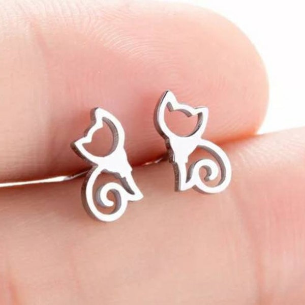 Dainty stainless steel cat stud  earrings. Non tarnish hypoallergenic. Cat studs. Cats.  Cat lover. Cat gift. Cat charm. Cat jewellery.