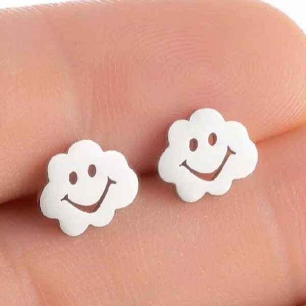 Stainless steel hypoallergenic non tarnish silver cloud earrings. Cute cloud earrings. Smiley face studs. Non allergy studs. Cloud studs.