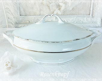 Vintage soup tureen terrine porcelain soup bowl white gold rim oval antique shabby