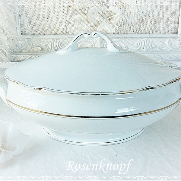 Vintage Suppenterrine Terrine Porzellan Suppenschüssel Weiß Goldrand Oval Antik Shabby