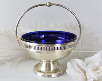 Henkelkorb Glasschale Silber Glas Blau Antik Geschenk Vintage Shabby Boudoir Schmuckschale  ~1920