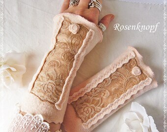 Ladies arm warmers wrist warmers wedding walk cuffs powder/beige lace registry office gift birthday Easter Christmas