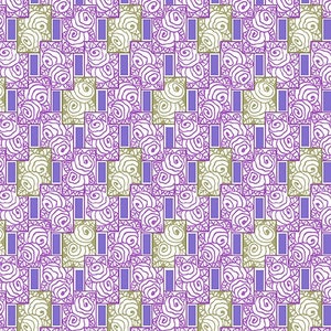 May include: A seamless pattern featuring a repeating design of stylized purple and white roses within a grid of purple and green squares.