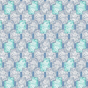 May include: A repeating pattern featuring stylized roses and rectangular shapes in shades of blue, teal, and white. The design has a geometric layout, with the floral elements arranged in a grid-like fashion, creating a seamless, decorative pattern.