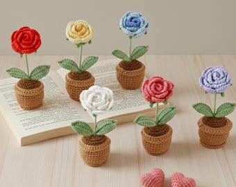 Crochet Flower In Pot, Hand Made Gift, Gift For Teacher, Home Decoration, Desk Decoration, Rose In Pot, Home Office Keepsake, Crochet Decor