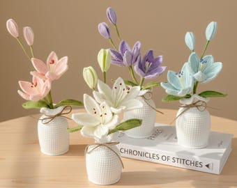 Crochet Lily Flower Gift, Crochet Flowers, Crochet Lily Flower Bouquet In Vase, Decor Gift, Desk Decoration, Gift For Her, Birthday Gift