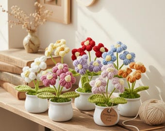 Handmade Crochet Flower Pot, Colorful Crochet in Mini Pot, Unique Gift for Home Decor, Desk Decoration, Home Office Decor, Desk Plant Decor