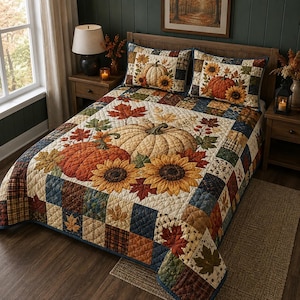 Fall Pumpkin Quilted  Bedding Set, Sunflower Quilt Bedspread, Autumn Patchwork Bed Set, Thanksgiving Bedroom Decor, Farmhouse Harvest Quilt
