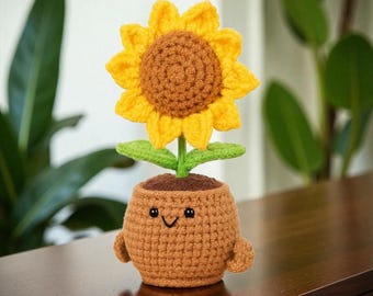 Crochet Sunflower Pot, Handmade Smiling Flower, Emotional Support Gift