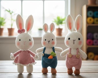 Handmade Crochet Bunny Couple Plush Toy, Cute Amigurumi Rabbit Dolls Holding Carrot, Soft Yarn Stuffed Animals, Valentine Gift, Couple Decor