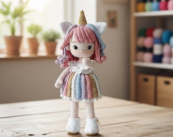 Handmade Crochet Unicorn Doll, Cute Amigurumi Rainbow Princess Plush Toy, Soft Yarn Stuffed Animal, Valentine Gift, Birthday Gift For Girls