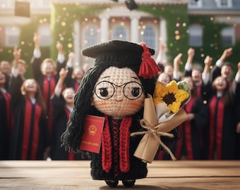 Handmade Crochet Graduation Doll, Cute Amigurumi Graduate Plush With Cap And Diploma, Stuffed Animal Gift For Graduates, Graduation Gift
