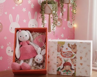 Handmade Crochet Bunny Doll, Pink Dress, Stuffed Animal