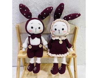 Handmade Crochet Bunny Couple Dolls, Cute Amigurumi Rabbit Plush Pair, Soft Yarn Stuffed Animals, Valentine Gift, Anniversary Nursery Decor