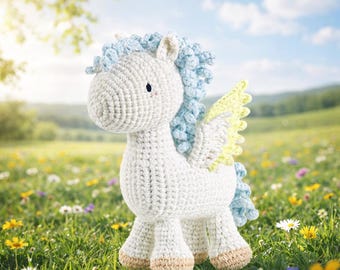 Crochet Winged Horse Plush Handmade Amigurumi Fantasy Stuffed Animal Soft Pastel Toy Baby Gift Nursery Decor