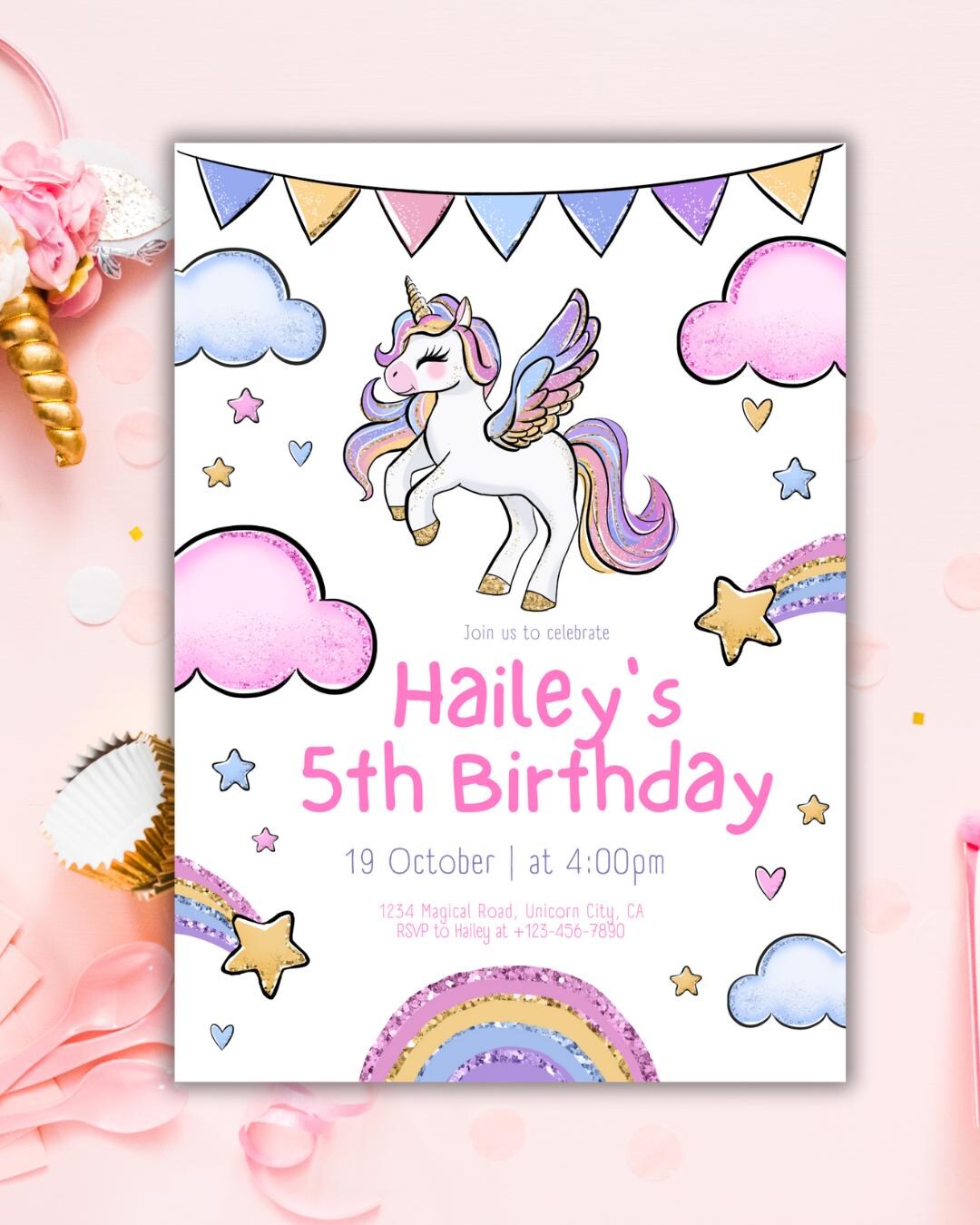 Editable Unicorn Birthday Invitation Template | Rainbow Party (digital ...